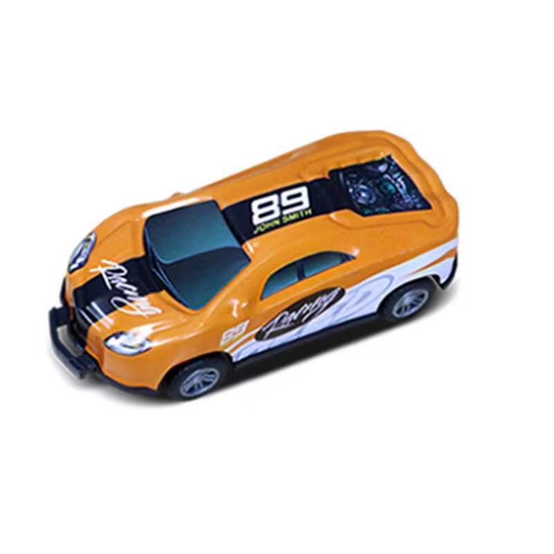Orange mini alloy bouncing racing car model with blue windshield, number 89.