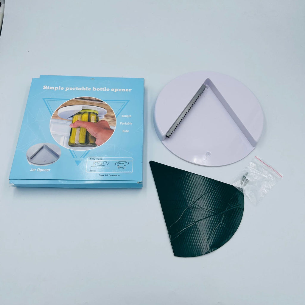 Universal bottle opener set with white circular base, serrated blade, and green piece