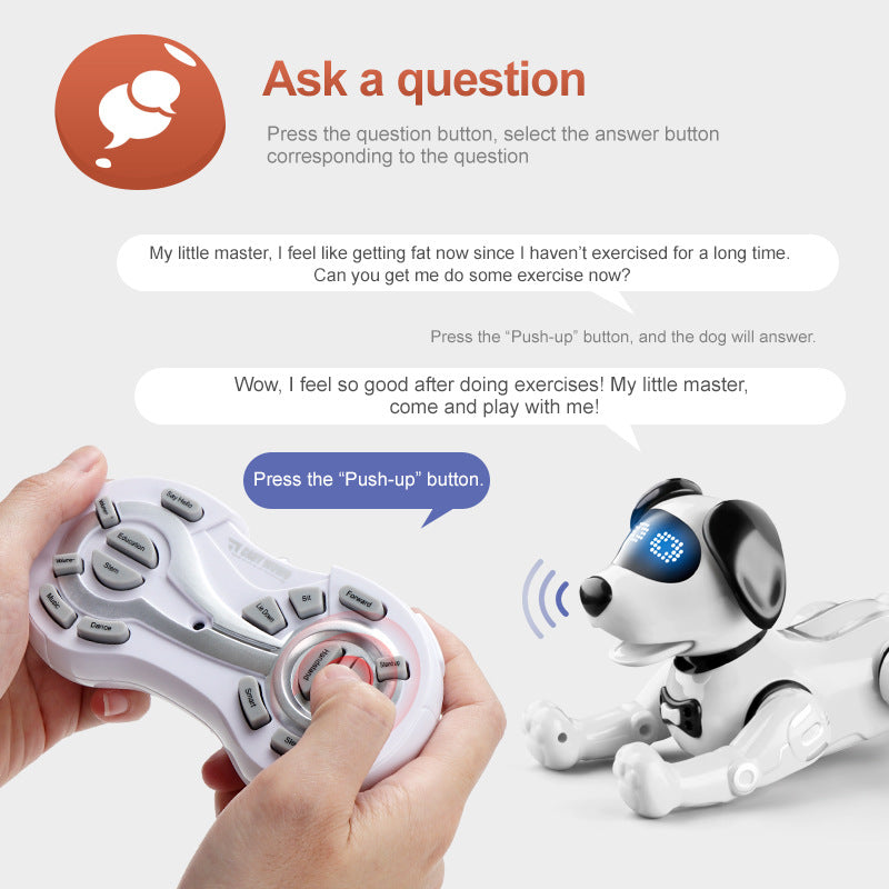 White robot dog toy reacting to handheld remote press; head light grid and front paws forward