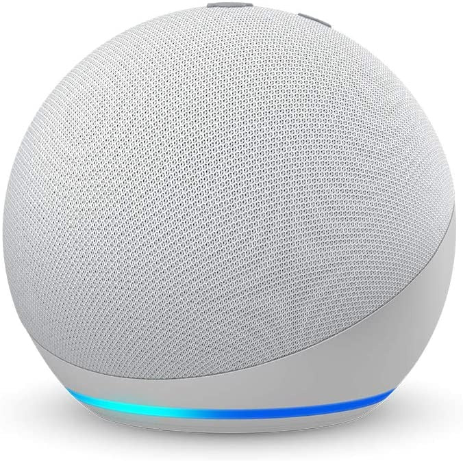 Alexa-fähiger Smart Speaker in Hellgrau mit blauer LED-Lichtleiste am unteren Rand