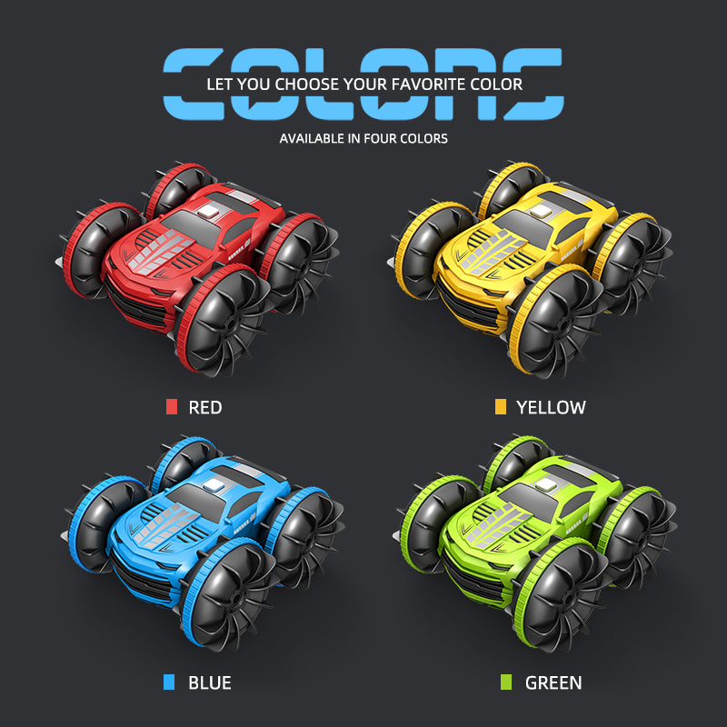 2.4G stunt car in red, blue, green, and yellow with oversized wheels