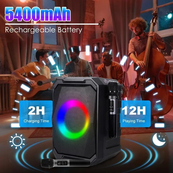 Rechargeable black party speaker with glowing RGB LED ring and handheld microphone
