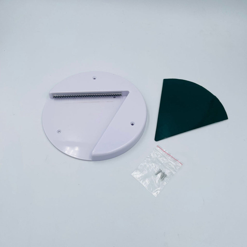 Universal jar and bottle opener with white circular base, serrated blade, green insert