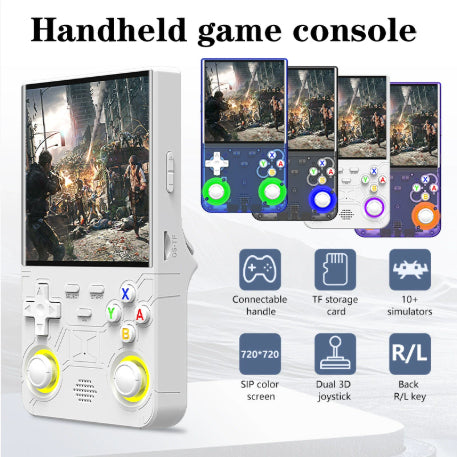 White handheld retro game console showing screen, D-pad, and dual analog sticks