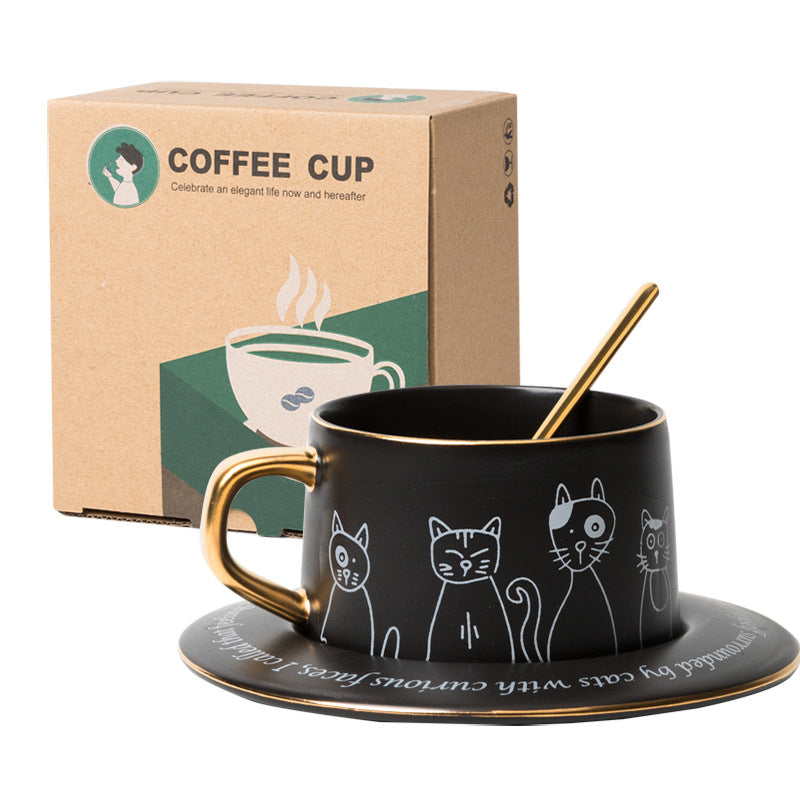 黑色猫咪咖啡杯套装：杯碟与金色汤匙，配咖啡纸盒包装