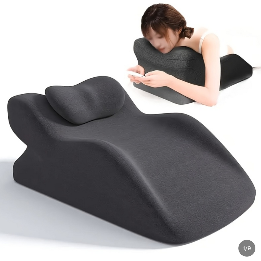 Stomach Sleeper Pillow in Dark Gray with contoured support and neck headrest