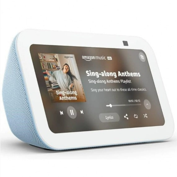White smart speaker with a display showing sing-along lyrics