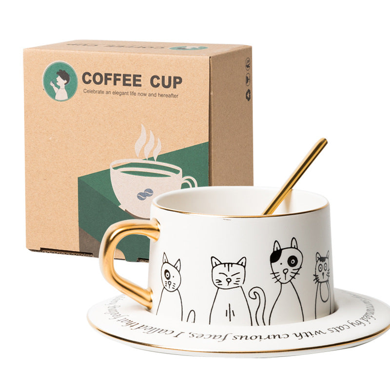 白色猫咪咖啡杯套装：杯碟与金色汤匙，配纸盒包装