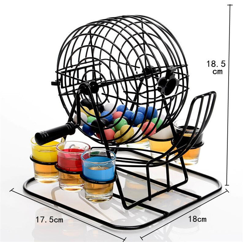 Bingo lottery machine with dimensions shown; black cage, handle, and base with cups