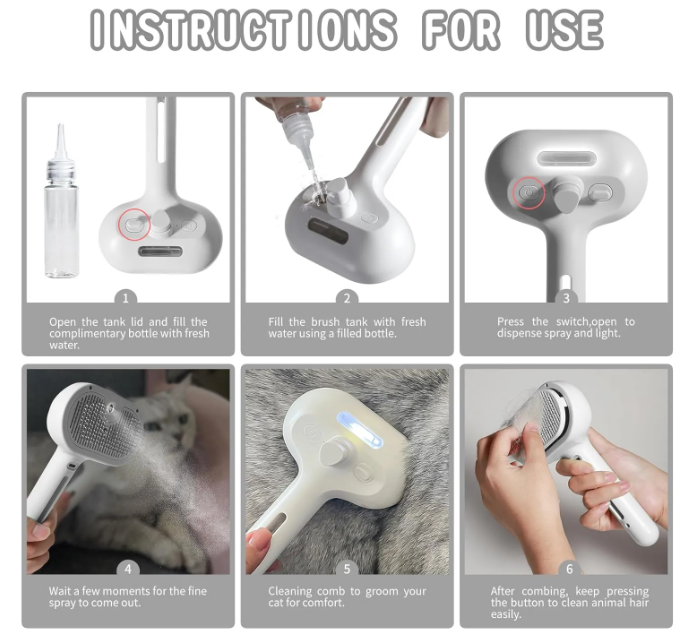 Pet hair spray brush switch, spray tank and nozzle shown in steps