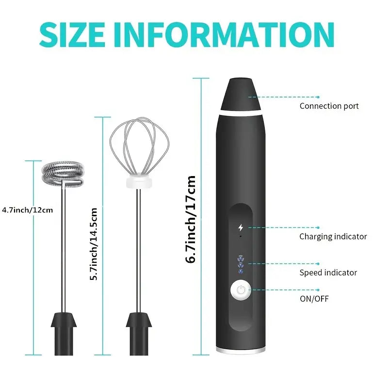 Size information for cordless milk frother: whisk attachments and black handle with indicators