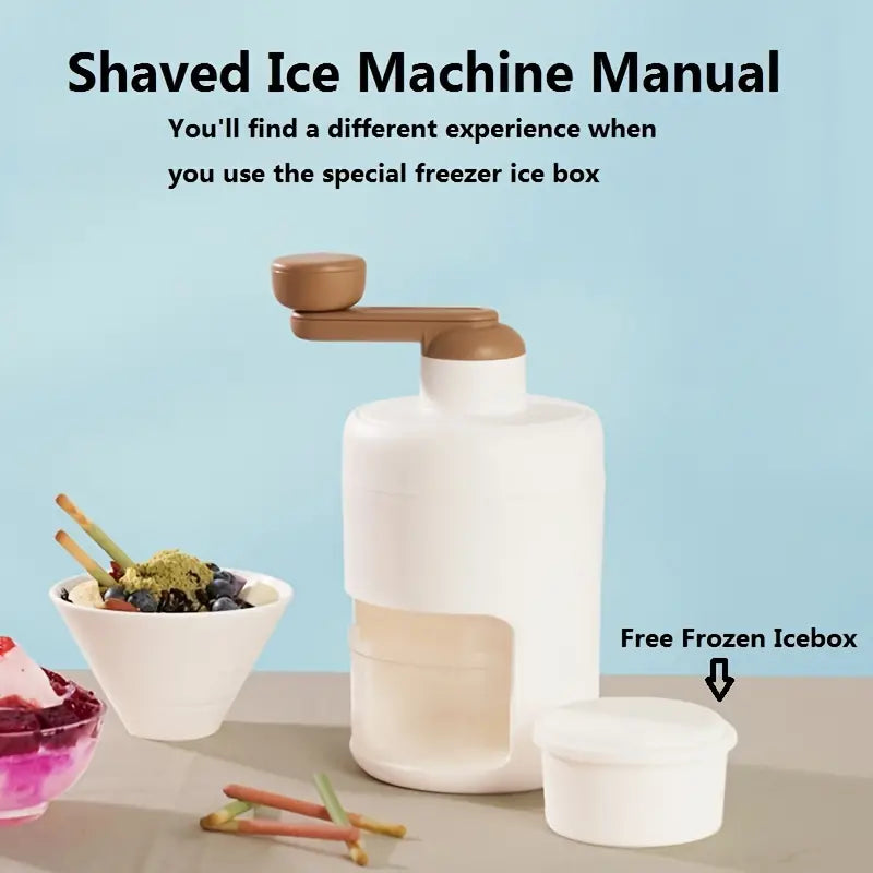 Portable shaved ice machine with extra frozen ice box attachments on the table.