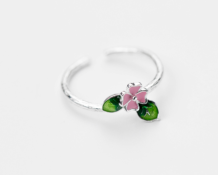 Open silver flower ring, pink blossom with green enamel leaves
