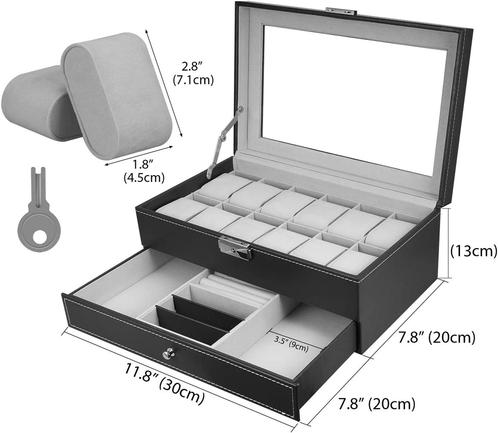 Black double-layer box with open lid, grid watch slots and drawers for jewelry