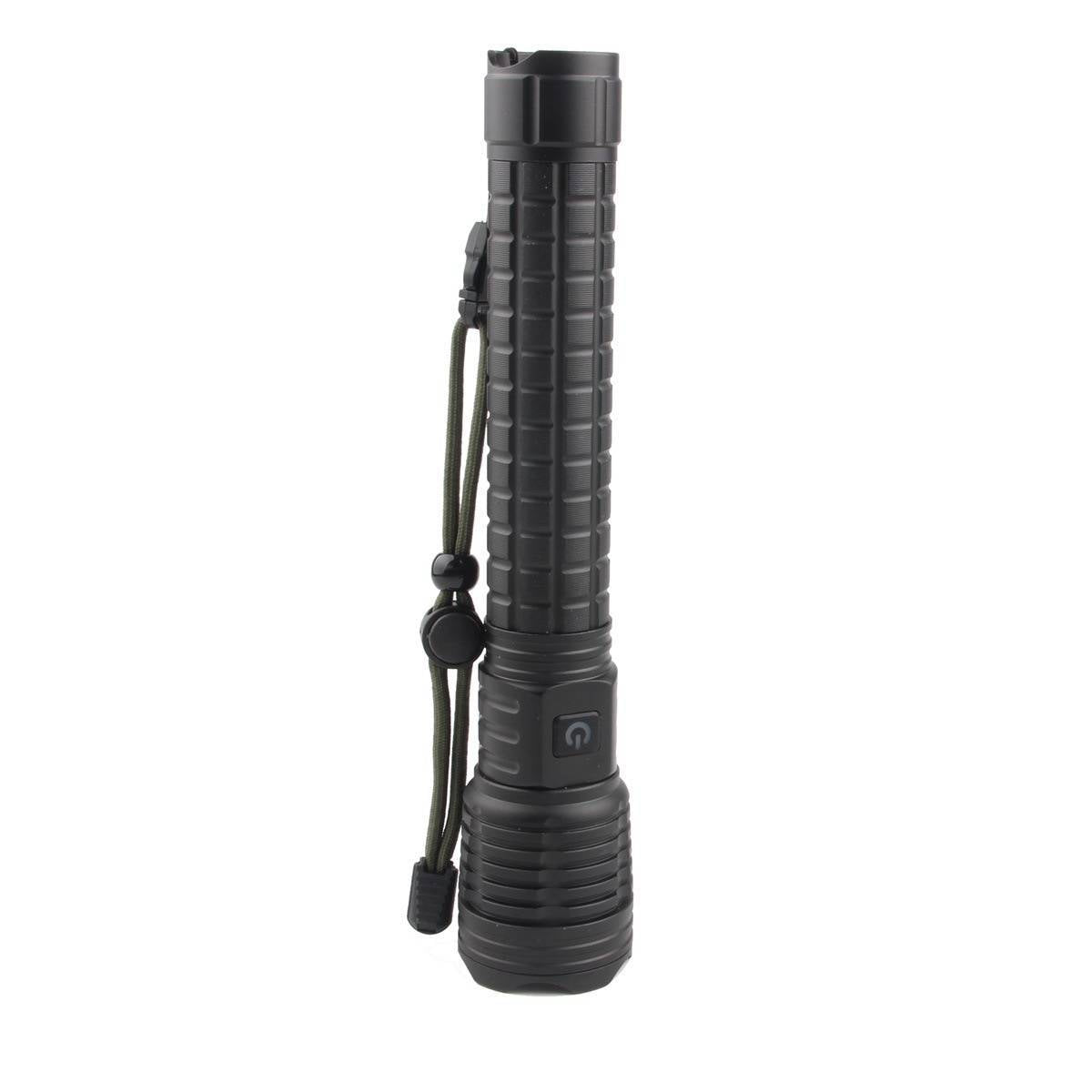 Black rechargeable flashlight with lanyard strap and ridged barrel for grip