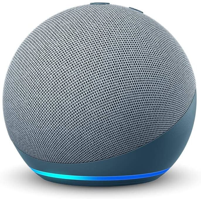Light blue fabric smart speaker with blue glow ring at the base