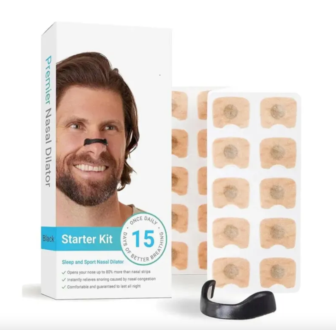 Breathe Easy Nasal Dilators black starter kit with black nasal strip and patch sheet