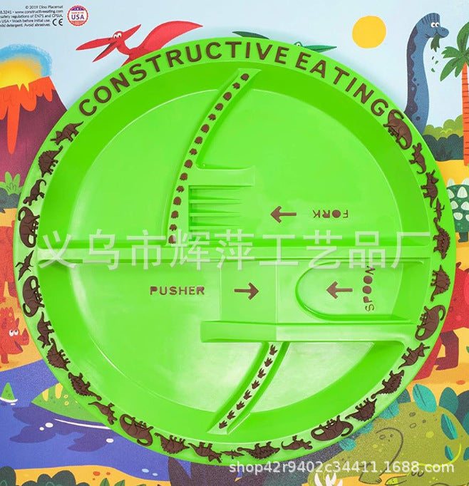 Kids construction plate with truck and excavator graphic, green round divided design