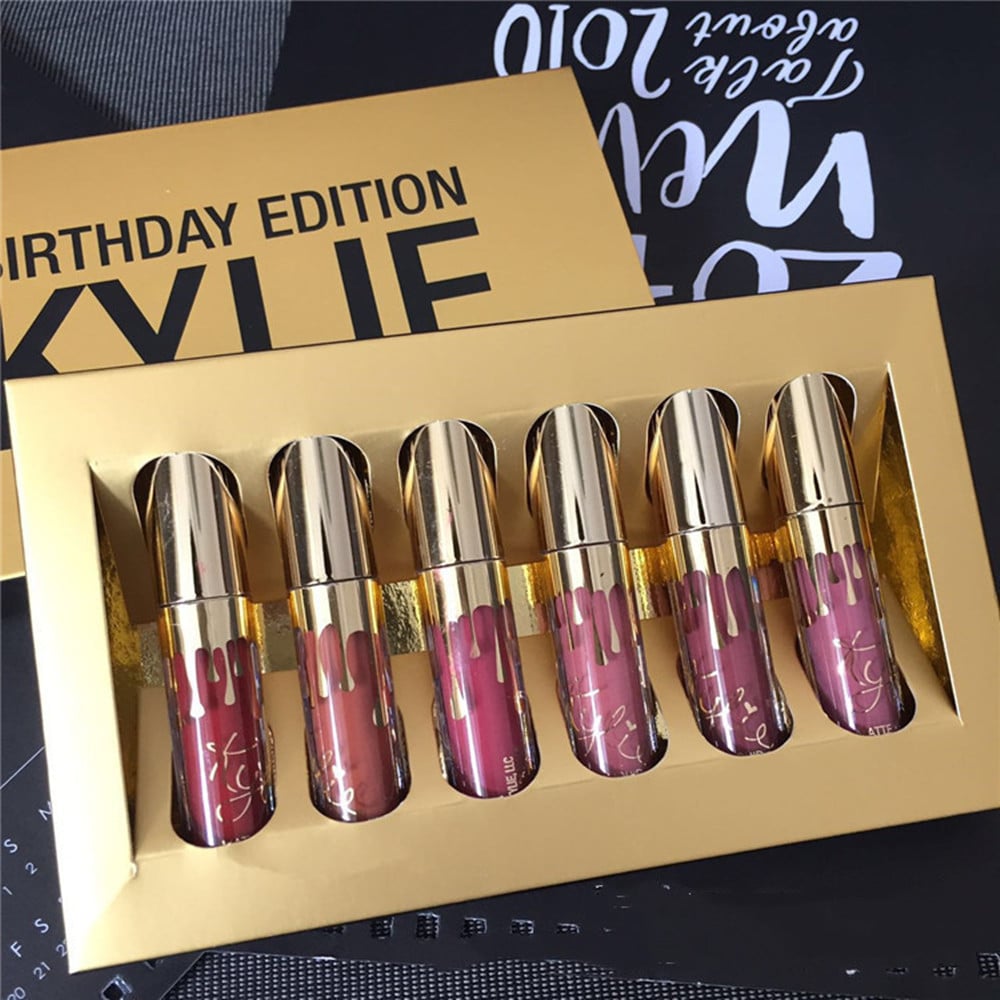 Birthday Edition 6 matte liquid lipsticks in silver tubes, berry-pink shades