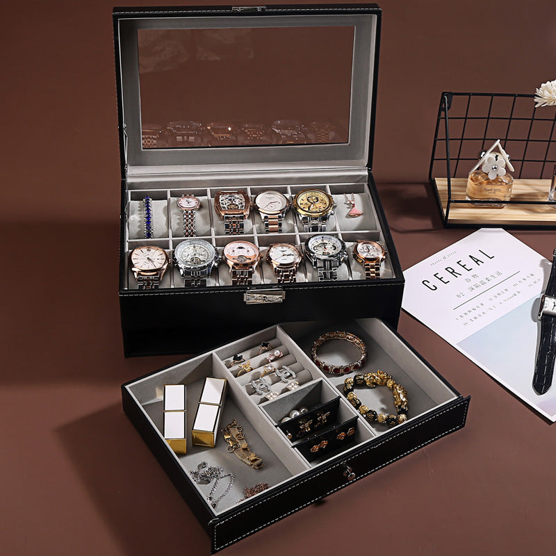 Black jewelry and watch box open, watch grid with divided lower jewelry trays