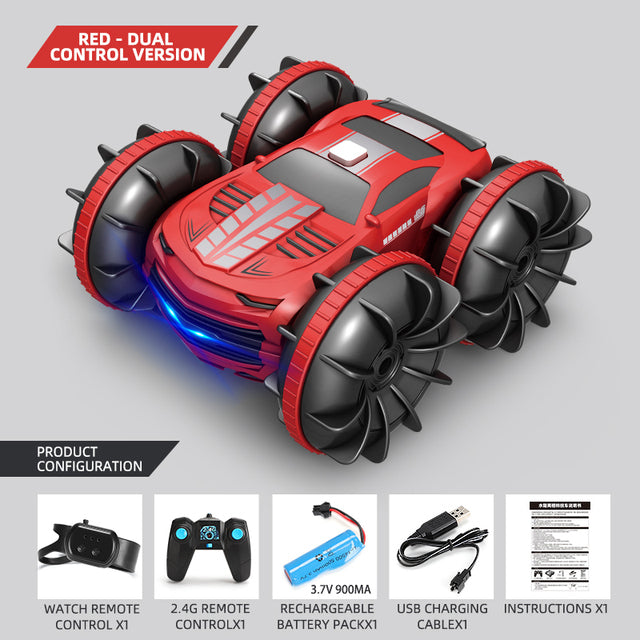 Red 2.4G gesture stunt car with four large wheels and blue LED lights
