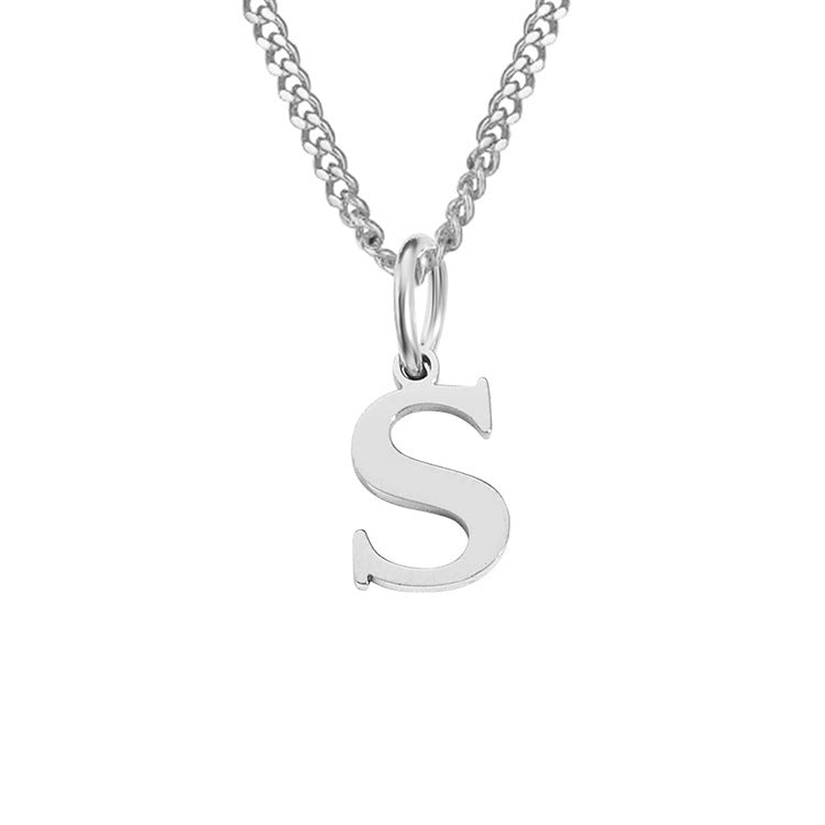 Letter S pendant necklace, stainless steel, with curb chain and loop clasp