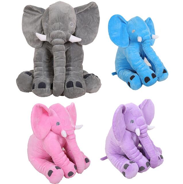 Plush elephant toy and pillow companion in multiple colors: gray, blue, pink, purple