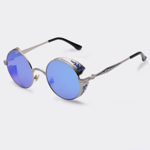 Women’s round sunglasses with blue mirrored lenses, light gold frames and black temples