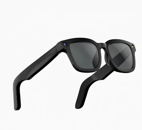 AI camera smart glasses dark lenses on black frame, three-quarter front view