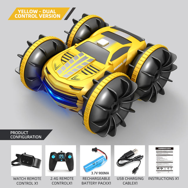 Yellow 2.4G dual-control stunt car with four large wheels and blue LED lights