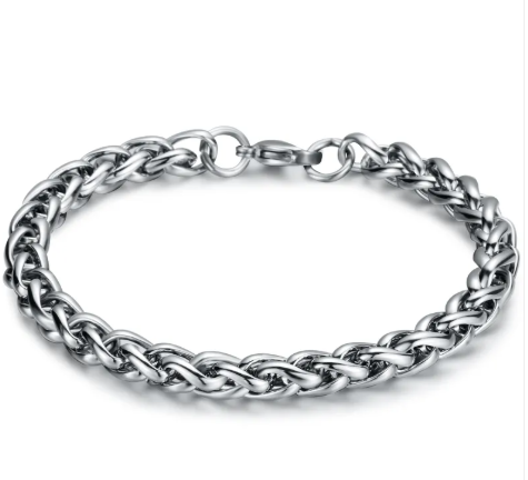 Silver men’s stainless steel bracelet with braided Cuban-style oval links