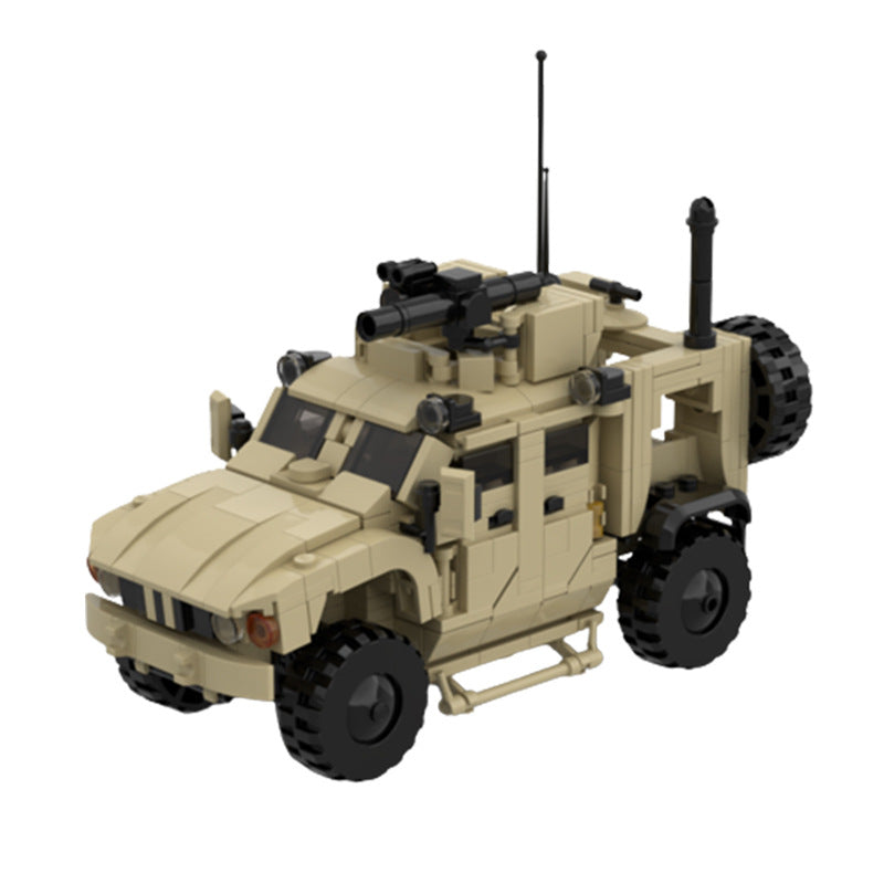 Tan LEGO MRAP M-ATV with black roof details, raised antenna, and heavy tread wheels