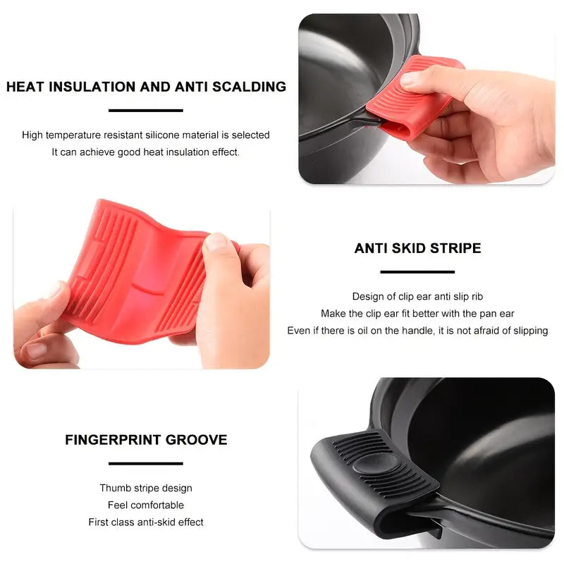 Silicone hot handle holders with anti-slip stripes and thumb grip groove, black/red shown