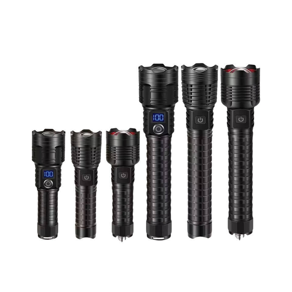 Rechargeable LED flashlight lineup with different head styles, all black with display