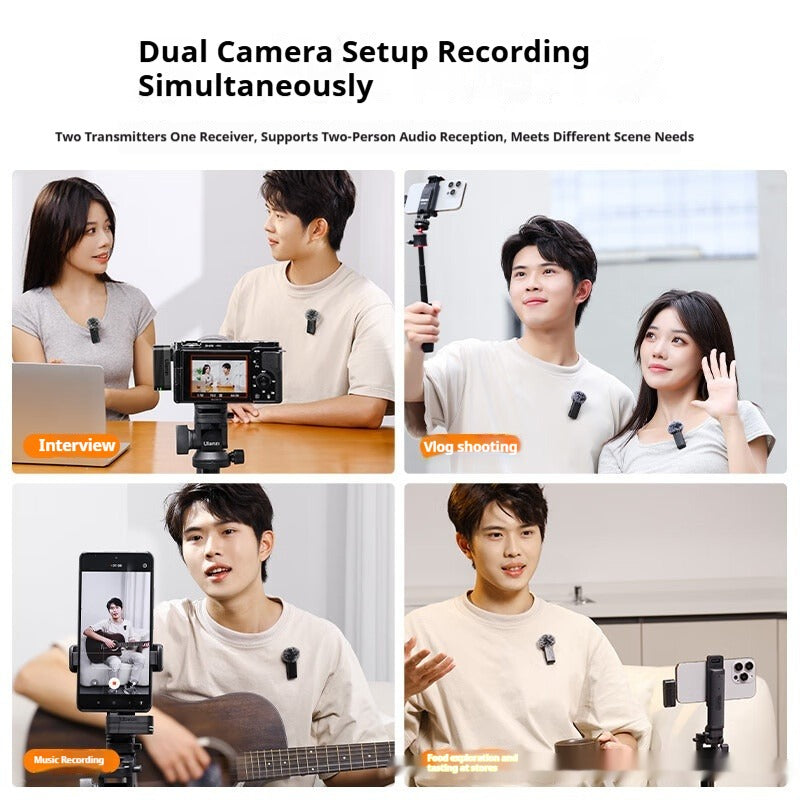 Dual-channel A100 wireless lavalier microphones with two transmitters for two-person audio recording
