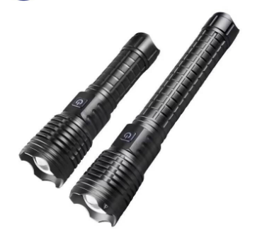 Two rechargeable LED flashlights with ridged grip, shown side by side