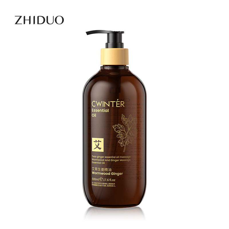 Ginger essential oil 500ml bottle with black pump, ZHIDUO label front.