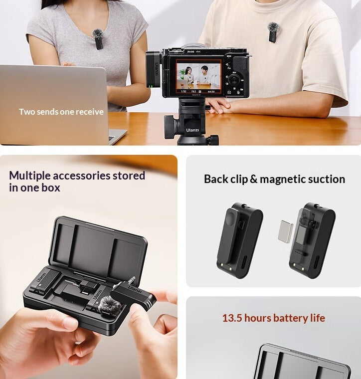 Ulanzi A100 wireless lavalier microphone kit with two transmitters, receiver, and magnetic back clip