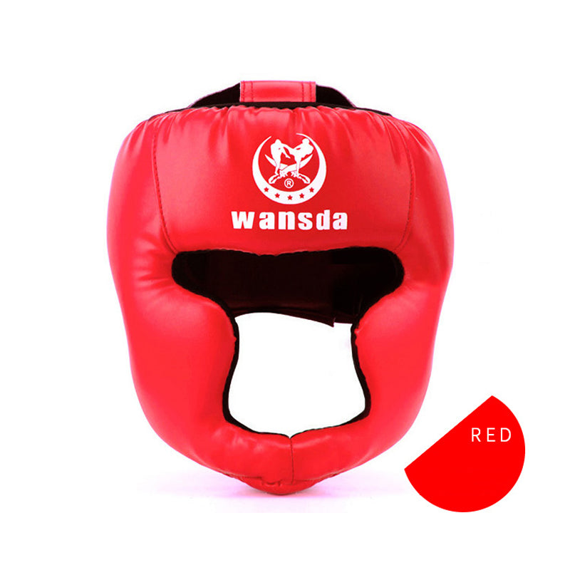 Red MMA/boxing headgear with face opening and forehead padding, front logo panel
