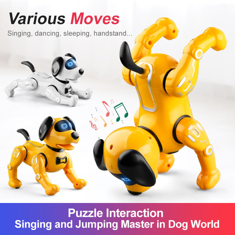 Programmable remote robot dog toy (yellow) showing multiple poses for play and movement