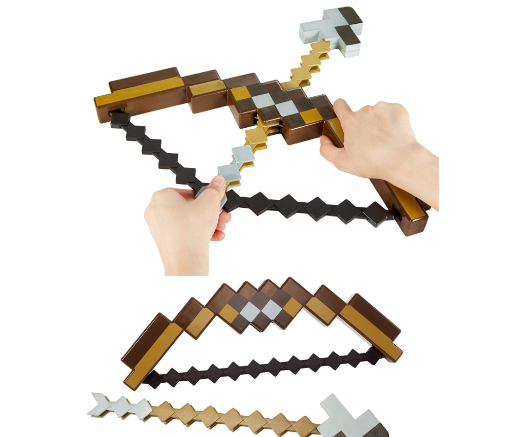 Yellow plastic bow and arrow set with segmented brown, black, and yellow arrows