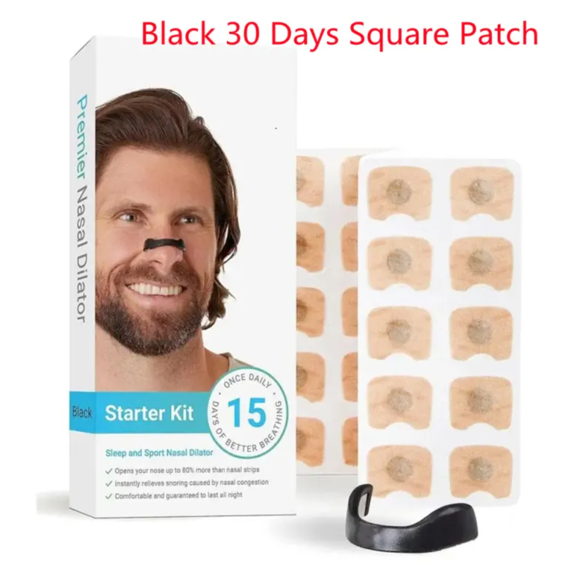Breathe Easy Nasal Dilators black 30-day square patch kit with black nasal strip and patches