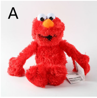 Red Elmo plush doll with white eyes and orange beak, soft fuzzy fur