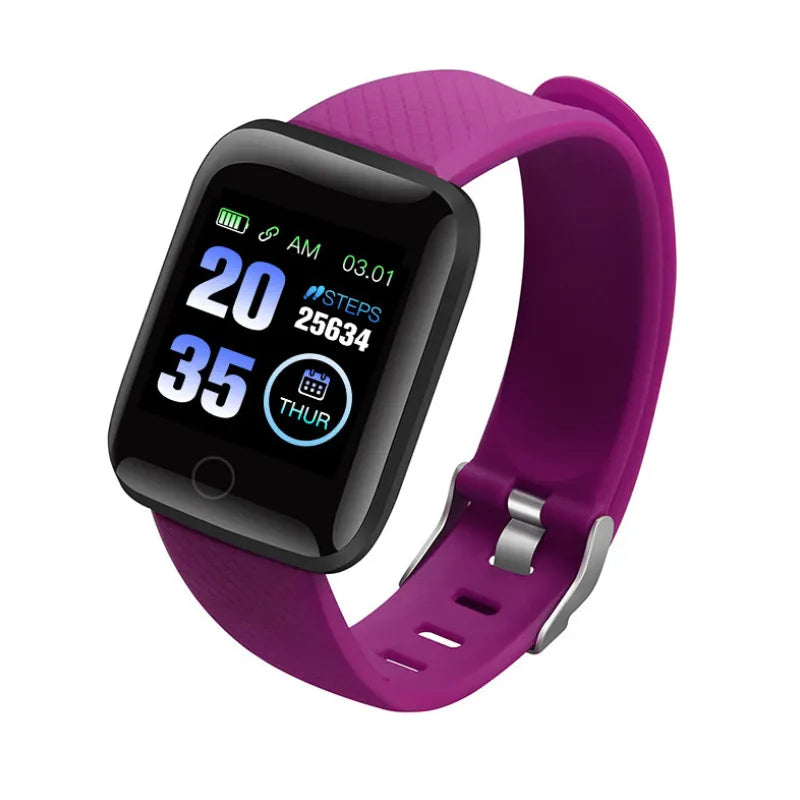 Waterproof unisex smart watch with purple silicone strap and black frame, steps display