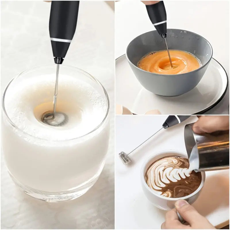 Milk frother whisk blending foam in a bowl; mixing wand attachment visible