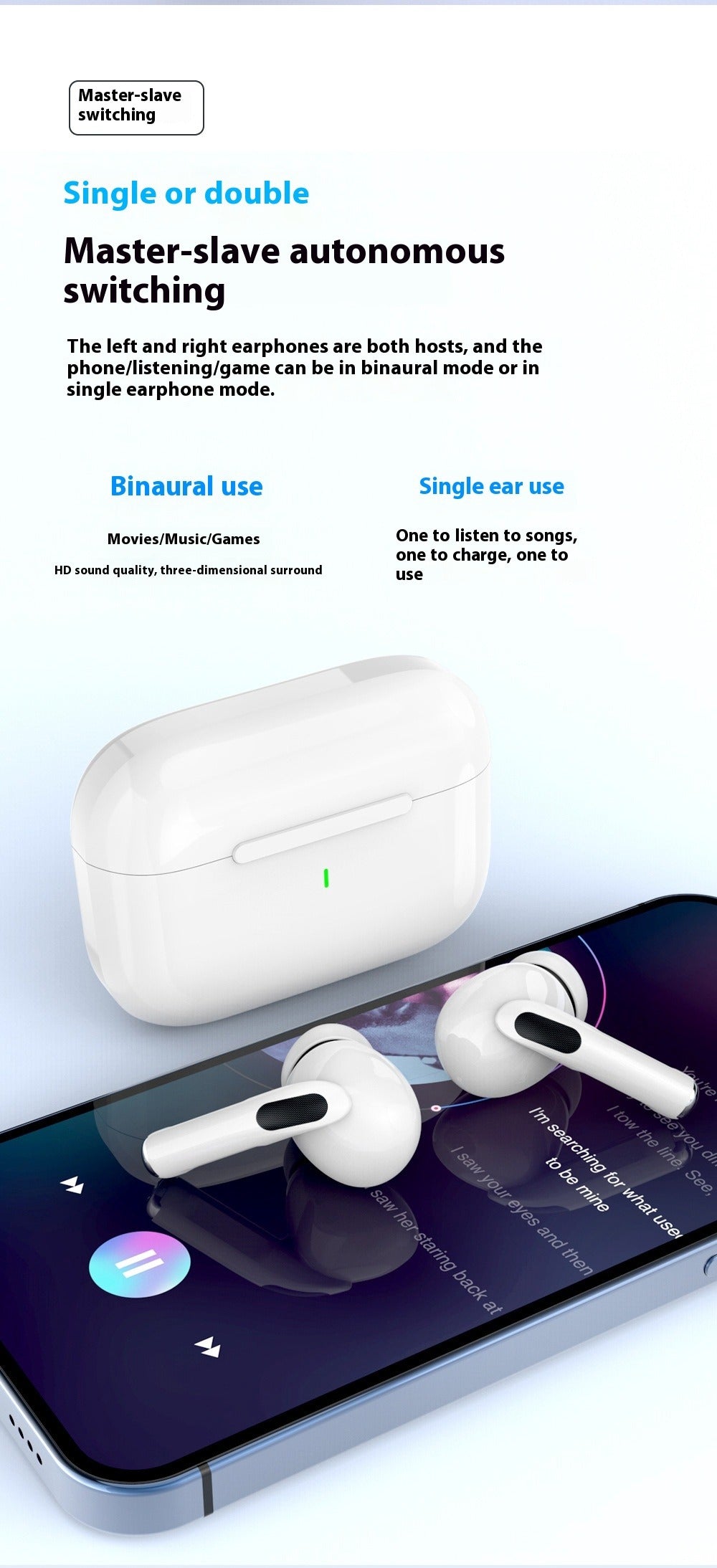 Weiße In-Ear Bluetooth-Ohrhörer im Ladecase, Nutzung einzeln oder zusammen