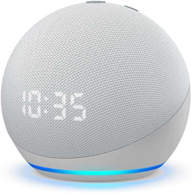 Alexa-fähiger Smart Speaker in Hellgrau/weißem Stoff mit blauer LED am Sockel