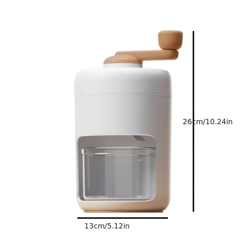 Portable shaved ice machine, front close-up, clear ice window and brown handle.