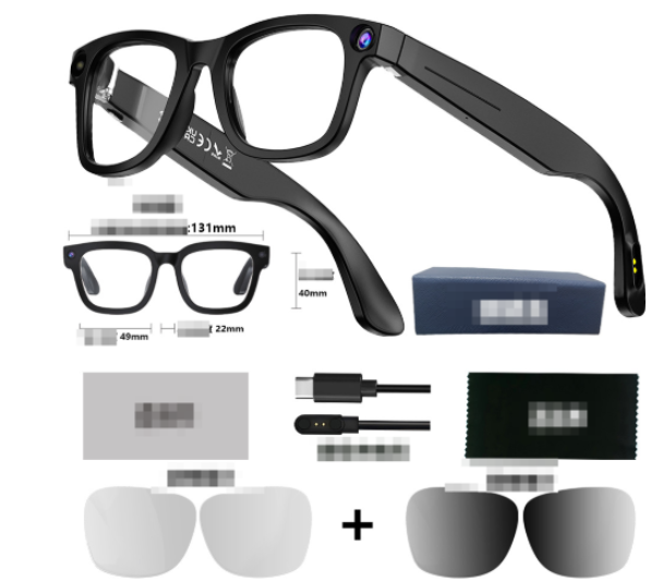 AI Camera Smart Glasses kit: black frame, extra lenses, cables, and case