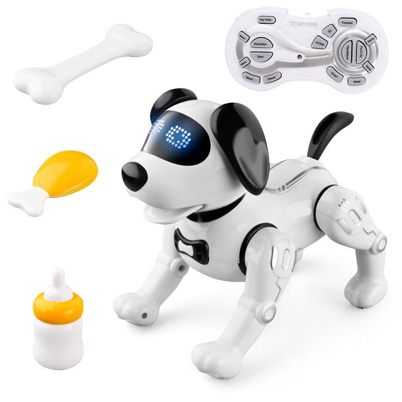 Programmable remote robot dog toy (white) with handheld controller and accessories bone, bottle